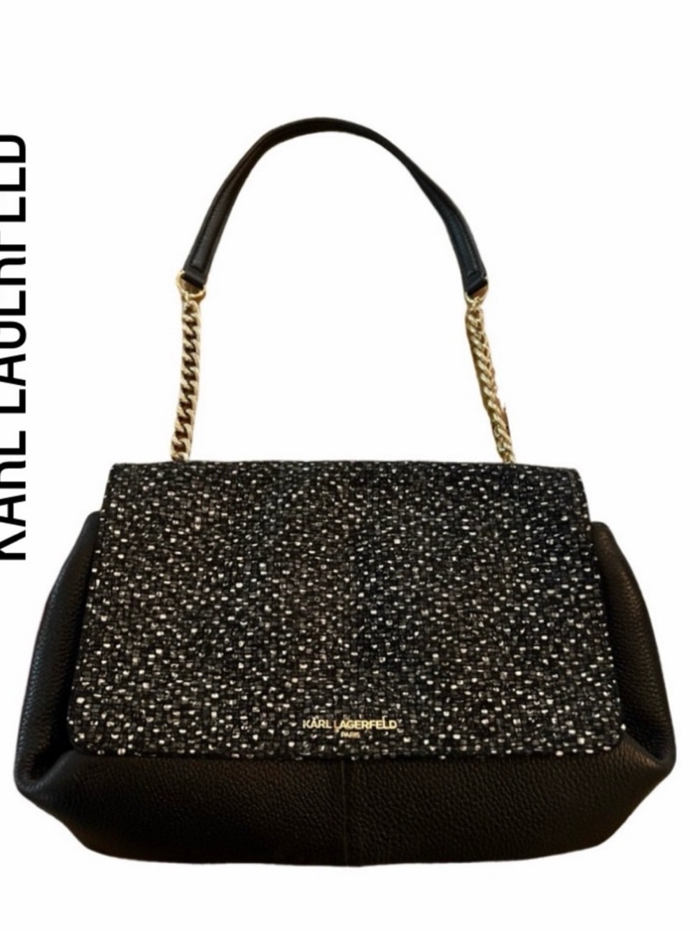 Karl Lagerfeld Black Tweed-Front Shoulder Bag with Gold Chain